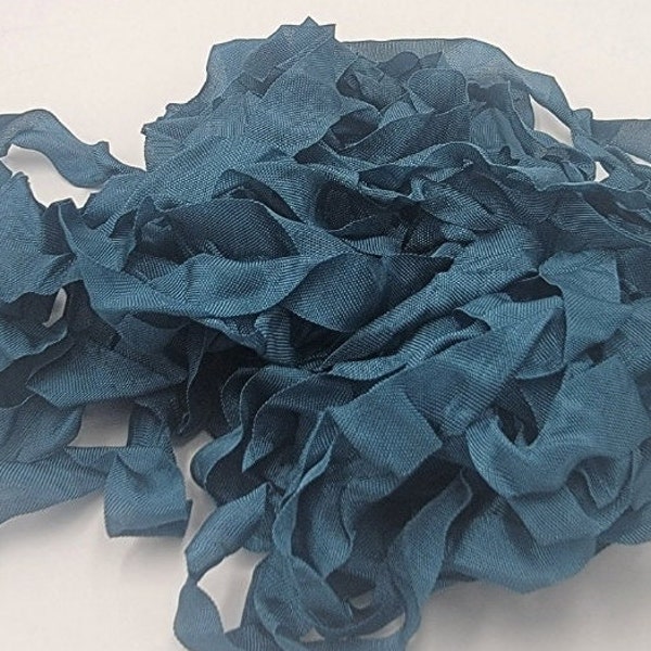 Vintage Prussian Blue Shabby Chic RIBBON crinkled seam binding - 4 yards Rayon