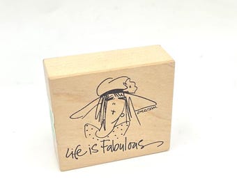 EMERSON QUILLIN Life is Fabulous Cartoon Woman Retired Rubber Stamp  floppy flower hat
