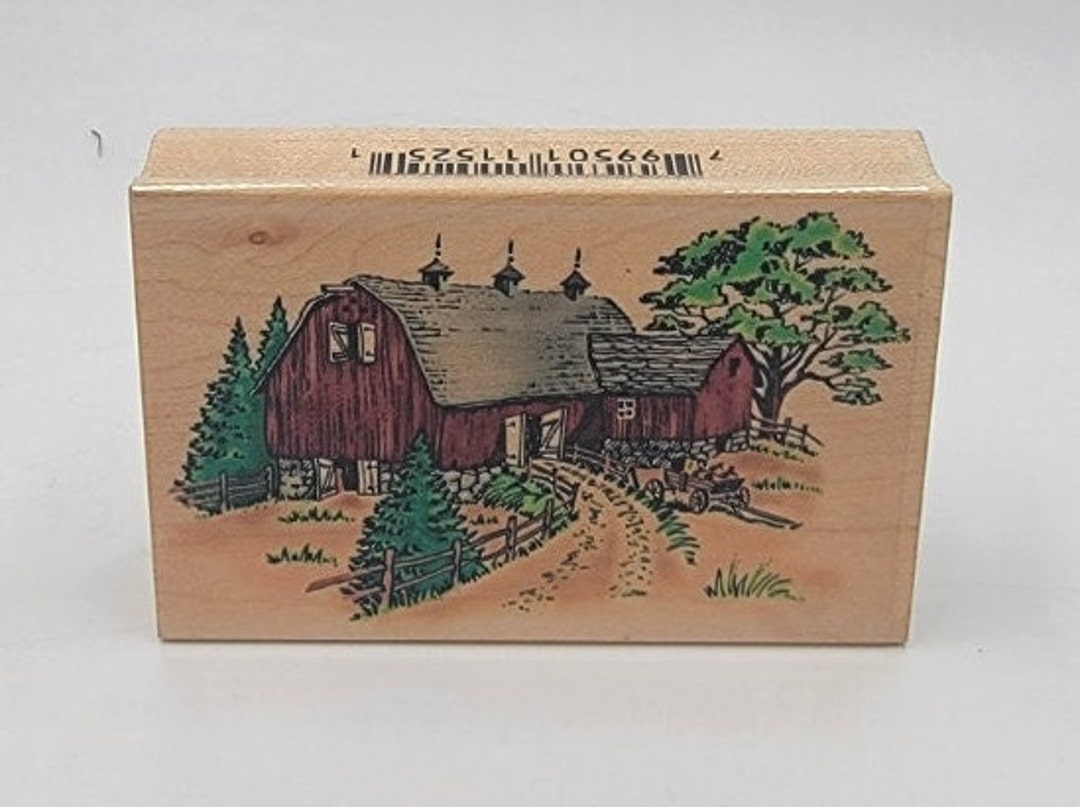 Rustin Barn Rubber Stamp Farm Wagon Fence Trees Etsy