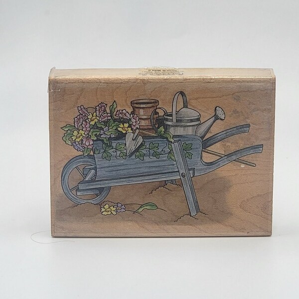 GARDENING WHEELBARROW Rubber Stamp Happen flowers plants watering can ivy dirt