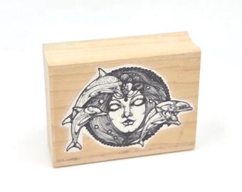 Sea Ocean Goddess Female Woman Dolphin Mystical Rubber Stamp