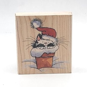 One Scoop Christmas Cat Kitten Santa Hat Snow Pot Margaret Sherry Rubber Stamp Penny Black