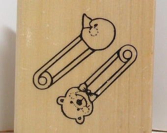 Two BABY DIAPER PINS Rubber Stamp Bear Cub Duck