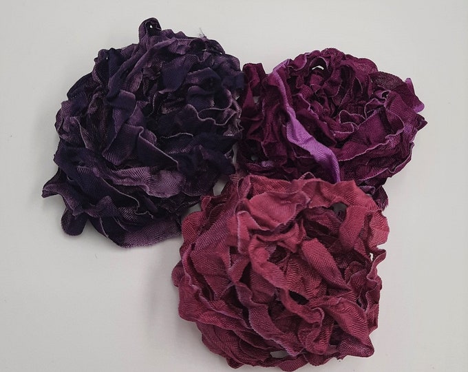 African Violets Collection Set of Three Shabby Chic RIBBON Crinkled