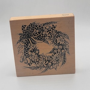 Autumn Fall Floral Mums Wheat HARVEST Wreath with Checkered Bow PSX Rubber Stamp