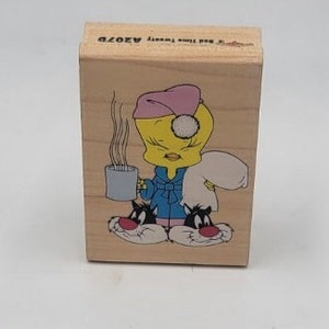Looney Toons Bed Time Tweety Bird pillow slippers Rubber Stamp rare cartoon character sleepy