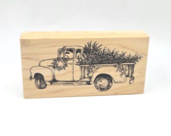 PSX Winter Vintage Truck Holly Wreath Christmas Tree Rubber Stamp