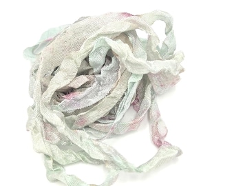 Tender Whimsy Shabby Chic RIBBON crinkled vintage seam binding - 4 yards green pink