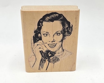 Vintage Happy Phone Lady Woman Smile Rubber Stamp