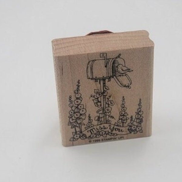 Retired Stampin Up Miss You Rubber Stamp bird mailbox flowers hollyhocks garden