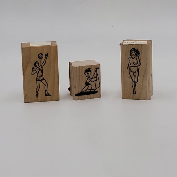 Summer sports Girl jogging running volleyball Man wind surfing Rubber Stamp set people stick figure