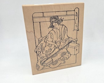 Japanese Geisha Tuning the Samisen Design Art Collector Asian Oriental Woman instrument Rubber Stamp