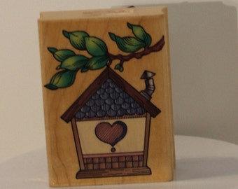 Country Love Birdhouse hanging on tree Branch Rubber Stamp