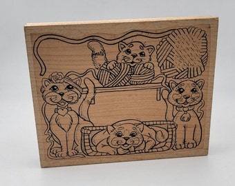 Large Four Cats Rubber Stamp yarn bed collars Bell shelf pets