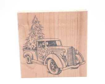 Christmas Truck with Decorated Tree and Holiday Wreath Rubber Stamp