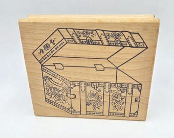 Large Ornate Open Treasure Chest Trunk Travel Rubber Stamp Rose Floral design