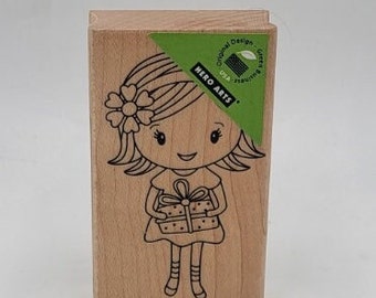 Girl with Present and Flower in Her Hair Hero Arts Rubber Stamp Ballet Play Happy Fun