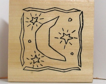 MOON and STARS in FRAME Rubber Stamp