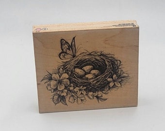 Bird Nest with 4 Eggs Butterfly Flowers Rubber Stamp springtime