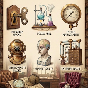 Op de afbeelding: Een geïllustreerde ADHD Motivatie Toolkit met tekstlabels. De afbeelding toont een sleutel, laboratoriumapparatuur, een manometer, een duikhelm, een buste met een hersendiagram, een kast met pijpen, een vergrootglas, een kaart, een hoed en een kopje thee.