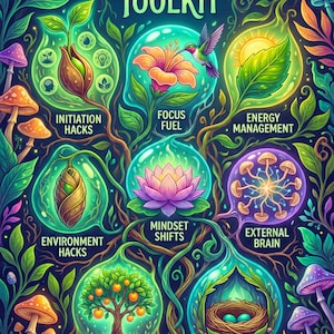 May include: A vibrant illustration titled "ADHD Motivation Toolkit" features various elements within interconnected bubbles. These include a flower, hummingbird, sun, lotus, tree, and nest, each representing different aspects of ADHD management.
