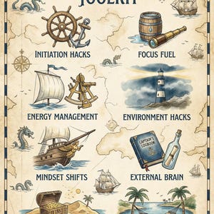 May include: A vintage poster titled "ADHD Motivation Toolkit" with nautical illustrations. It features a ship's wheel, anchor, lighthouse, treasure chest, and other elements, with text labels like "Initiation Hacks" and "Focus Fuel".