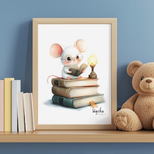 Poster Bookworm - Illustrazione carina, decorazione per la cameretta dei bambini, decorazione per la biblioteca, regalo per lettori