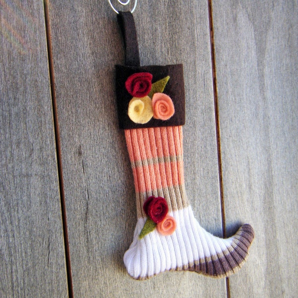 Mini Stocking Ornament-Pink and Khaki Striped