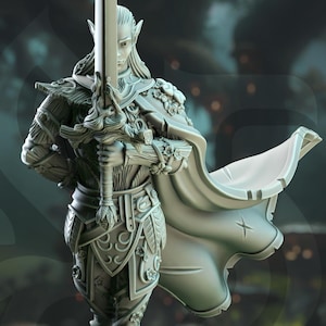 Könnte beinhalten: Detaillierte Figur von Alysion of the Spotless Wood, einem Feywalker-Duellisten, der ein großes Schwert hält. Die Figur befindet sich in einer dynamischen Pose und trägt eine verzierte Rüstung und einen fließenden Umhang. Die Basis enthält den Text "Alysion of the Spotless Wood Feywalker Duelist".