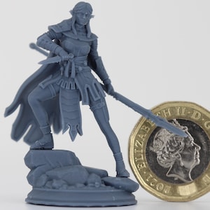 Può includere: Una statuetta in miniatura grigia di una guerriera, che tiene una spada e in piedi su una base rocciosa. Una moneta da una sterlina è accanto alla statuetta per la scala. La guerriera indossa un'armatura e un mantello. La moneta ha un diametro di circa 2,3 cm.