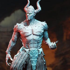 以下が含まれることがあります： 角、緑色の目、筋肉質な体格を持つ悪魔の姿の精巧な彫刻。この像は、長い尾と複雑な鎧のようなディテールを備えた、質感のある台座の上に立っています。カラーパレットは主にグレーとブルーの色合いです。