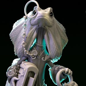 Frilled Lizard Librarian : Unpainted D&D, TTRPG Miniature | Pepunki Creatures | 32mm 75mm Scale Models