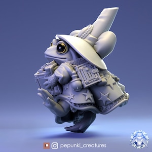 May include: A gray 3D printed figurine of a frog wearing a wizard hat and robe. The frog is holding a book and has a satchel on its back. The figurine is detailed with stars and other decorative elements.