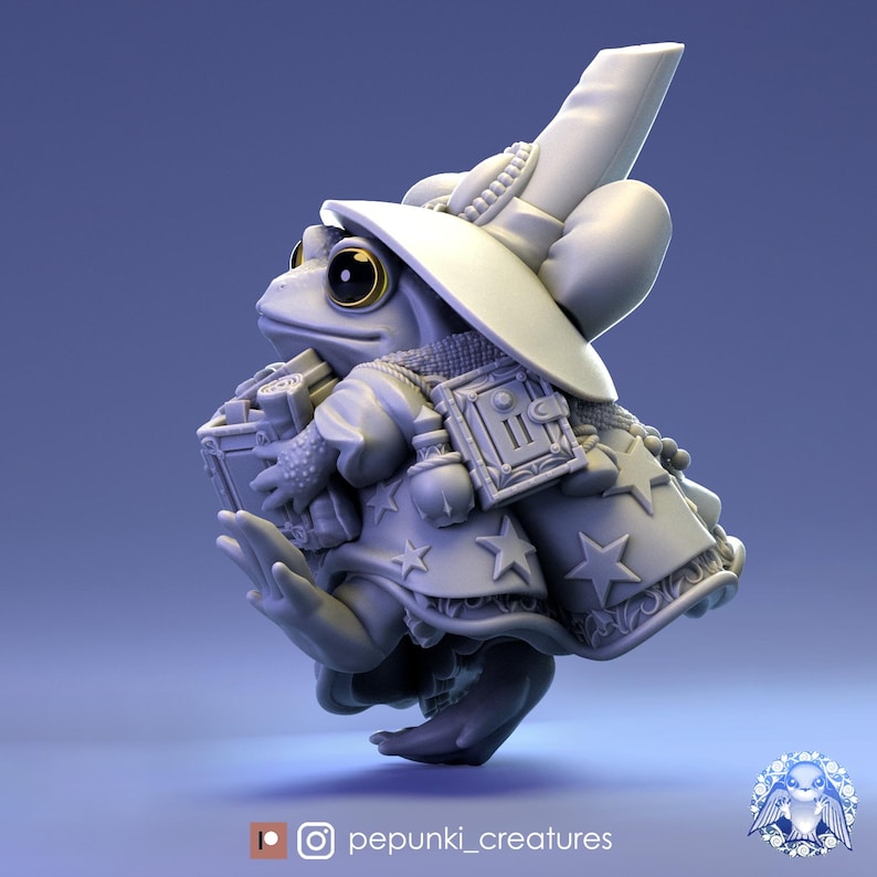 May include: A gray 3D printed figurine of a frog wearing a wizard hat and robe. The frog is holding a book and has a satchel on its back. The figurine is detailed with stars and other decorative elements.