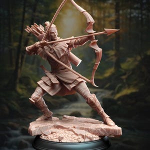 May include: A detailed figurine of a person holding a bow and arrow, standing on a rocky base. The figurine is made of a light brown material and is posed in a dynamic action pose.