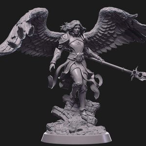 May include: A grey figurine of a winged warrior, standing on a rocky base. The figure is clad in armour and holds a staff. The wings are detailed with individual feathers. The warrior has long hair and a stern expression.