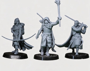 May include: Three unpainted gray resin tabletop gaming miniatures on black circular bases. The left figure wears a hooded cloak and carries a bow. The center figure holds a torch and wears armor. The right figure holds a sword overhead.