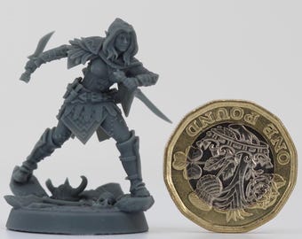 May include: A grey miniature figurine of a female warrior, posed with two swords. The figure is wearing armour and a hood. A one-pound coin is next to the figurine for scale.