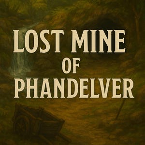 Puede incluir: Un póster de estilo vintage con el texto "Lost Mine of Phandalin" en una fuente marrón sobre un fondo verde y marrón. Se puede ver una pequeña cascada y un carro de madera en el fondo.