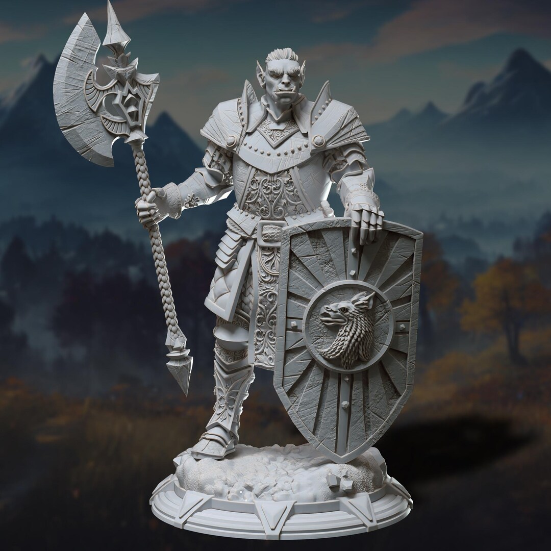 オーク騎士ミニチュア：斧と盾 - D&D、パスファインダー、フロスト
