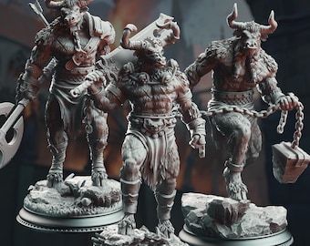 Guerreros Minotauro: Pack de 3 miniaturas de resina - D&D, Pathfinder, Frostgrave