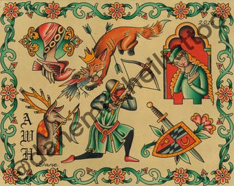 May include: A vintage style tattoo flash sheet with a green, red, and yellow color scheme. The sheet features a knight with a bow and arrow, a fox, a deer, a bird, and a woman in a green dress. The text "A W H Dare" is in the bottom left corner.