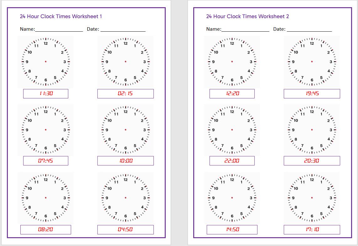24 Hour Clock Time Worksheets. 10 Pages With 6 Clocks. 24 Hour Clock ...