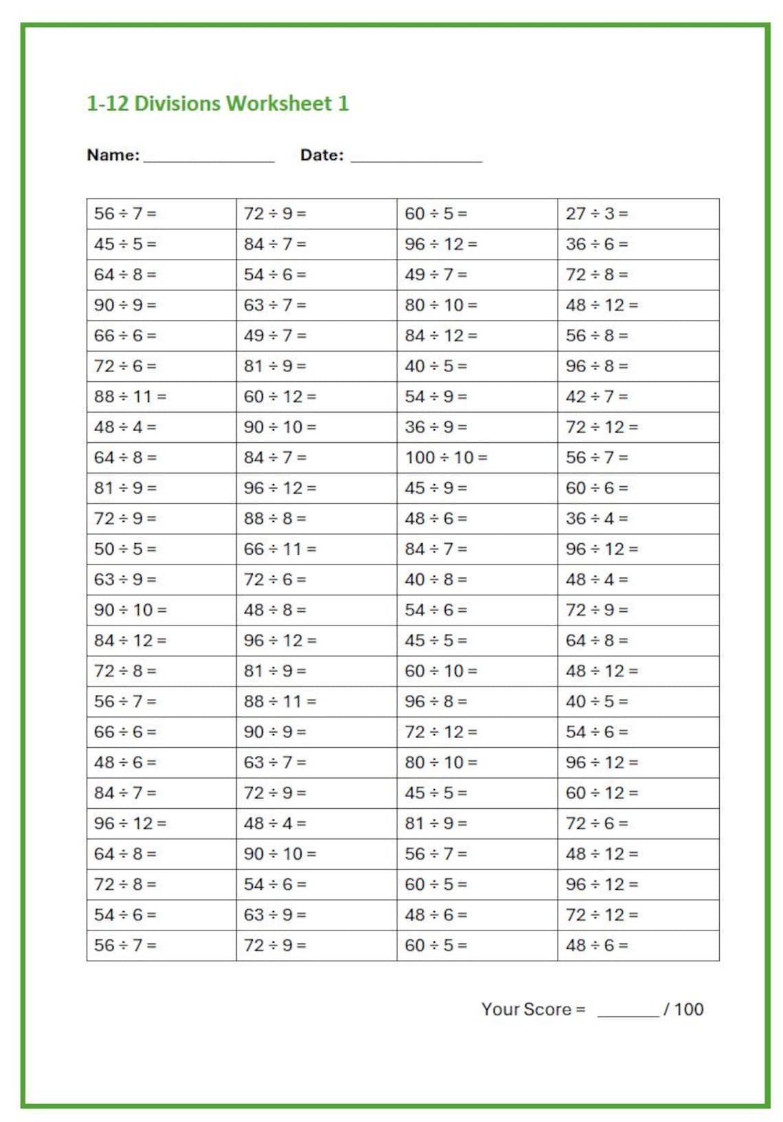 Division Practice Worksheets. 10 X 100 Questions A4 PDF Download Ready ...