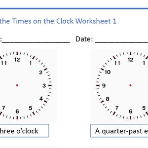 Op de afbeelding: Een werkblad getiteld "Draw the Times on the Clock Worksheet 1" met twee lege klokgezichten. Het werkblad bevat ruimte voor een naam en datum, en de tijden "Three o'clock" en "A quarter-past eleven" staan eronder geschreven.