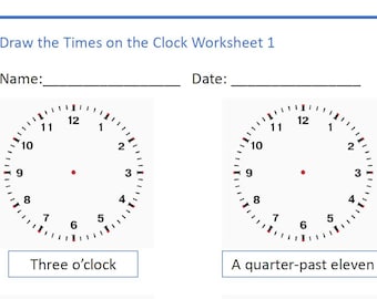 Clock time worksheets. 10 pages with 6 clock faces. Written times to draw on the hands. School work sheet. A4 PDF download ready to print.