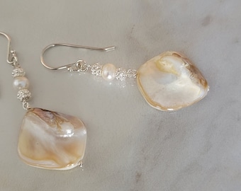 Mother of Pearl Shell Earrings with Freshwater Pearls and Sterling Silver