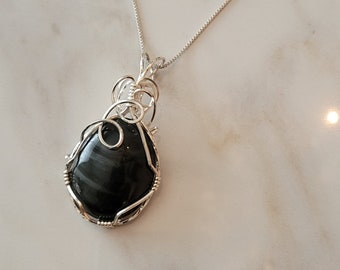 Rainbow Obsidian Pendant Necklace, Sterling Silver Wire Wrapped Setting