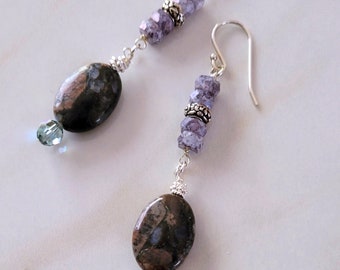 Blue Opal, Amethyst, Sterling Silver Earrings