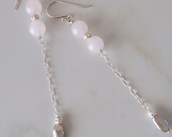 Earrings, Rose Quartz Beads, Iridescent Freshwater Pearls